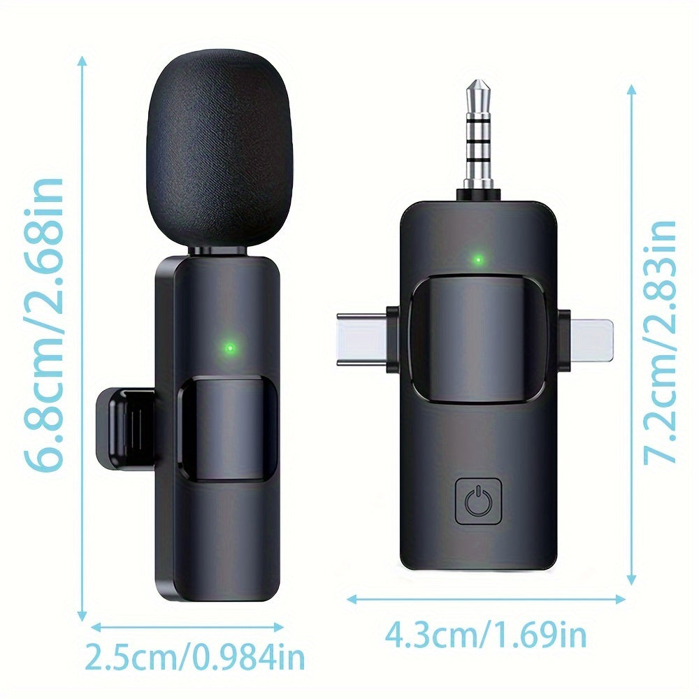 3-in-1 langaton lavalier-mikrofoni, jossa on selkeä radio ja minimiikrofoni iPhoneen - Android-puhelimeen/kameraan/tietokoneeseen/kannettavaan, kaksoisreverssi-mikrofoni USB-C/3,5 mm pistokkeella videotallennukseen, vloggaamiseen, suoratoistoon, podcaste