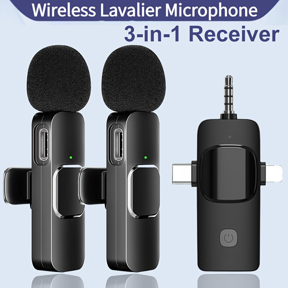 3-in-1 langaton lavalier-mikrofoni, jossa on selkeä radio ja minimiikrofoni iPhoneen - Android-puhelimeen/kameraan/tietokoneeseen/kannettavaan, kaksoisreverssi-mikrofoni USB-C/3,5 mm pistokkeella videotallennukseen, vloggaamiseen, suoratoistoon, podcaste