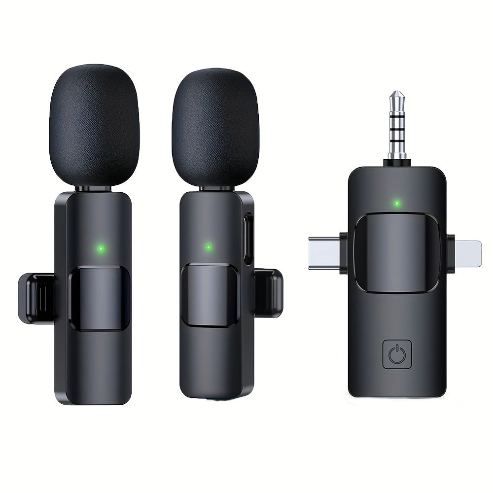 3-in-1 langaton lavalier-mikrofoni, jossa on selkeä radio ja minimiikrofoni iPhoneen - Android-puhelimeen/kameraan/tietokoneeseen/kannettavaan, kaksoisreverssi-mikrofoni USB-C/3,5 mm pistokkeella videotallennukseen, vloggaamiseen, suoratoistoon, podcaste